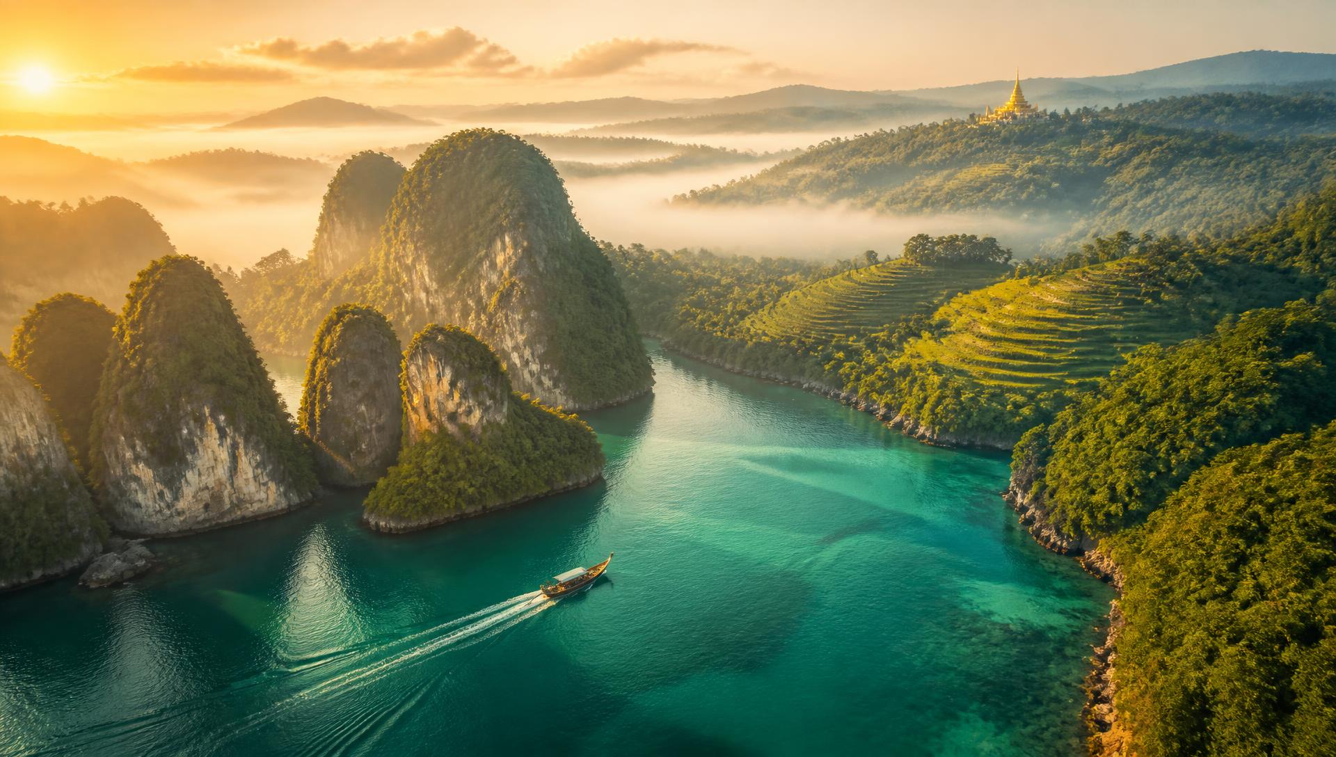 Limestone karst islands and jungle terraces of Southeast Asia at sunrise